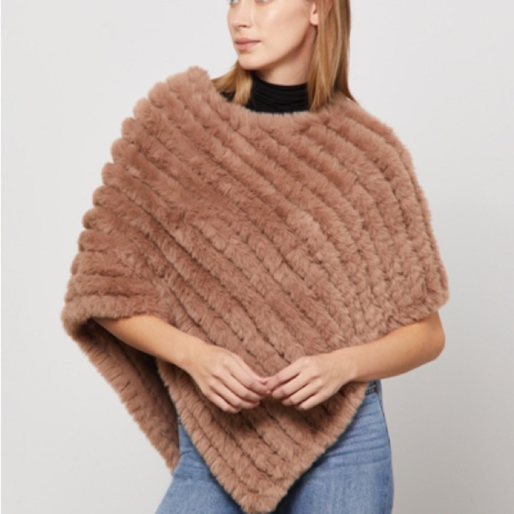 BCBGMAXAZRIA Elinor Faux Rabbit Fur Poncho Capelet - Camel Brown BCBG